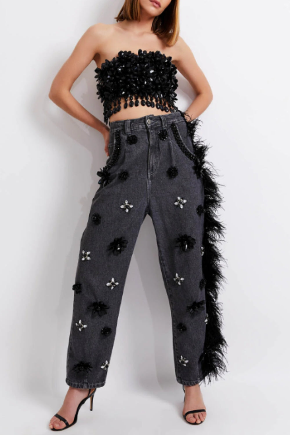 HAND BEADED JEANS WITH FEATHER TRIM 2