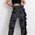 HAND BEADED JEANS WITH FEATHER TRIM 2