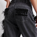HAND BEADED JEANS WITH FEATHER TRIM 4